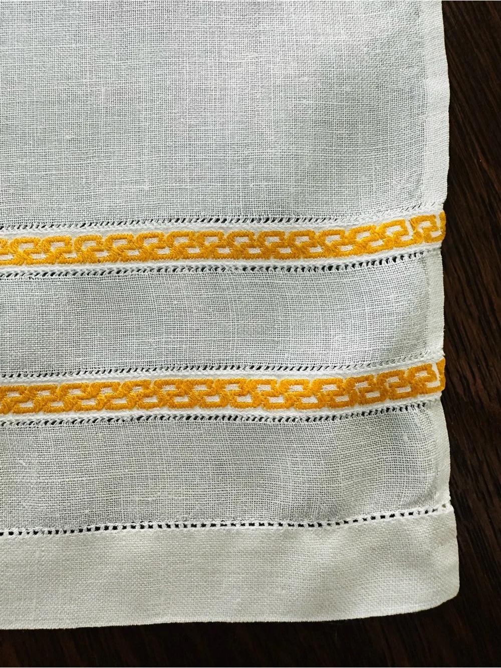 Vintage Hemstitched Linen Napkin with Greek Meander Pattern
